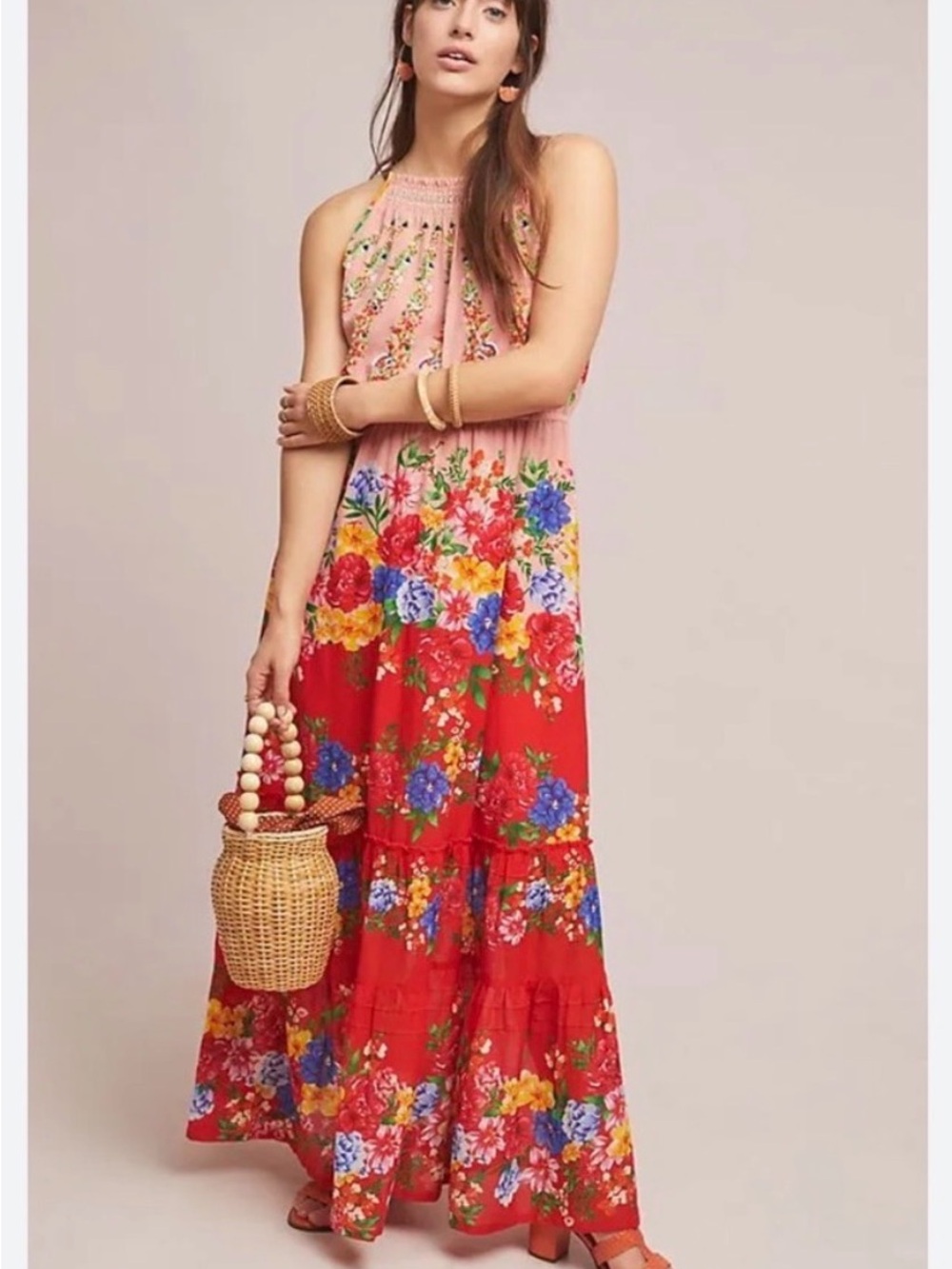Anthropologie Pink and Red Floral Maxi Skirt